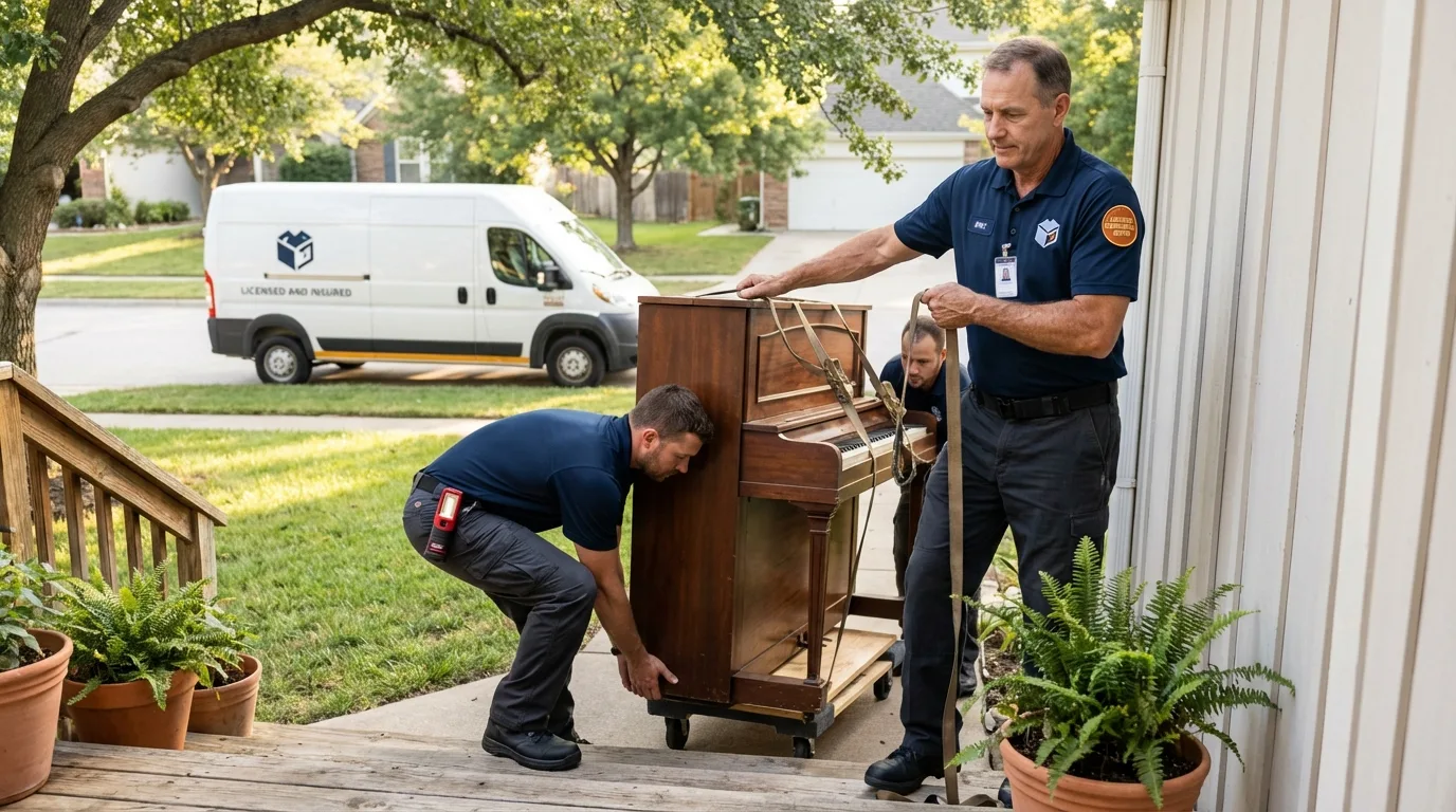 Licensed piano movers securing grand piano in Destrehan, LA
