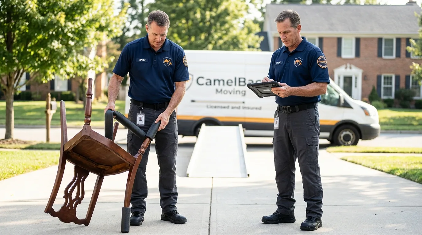 Movers inspecting furniture for damage prevention before loading in Destrehan, LA